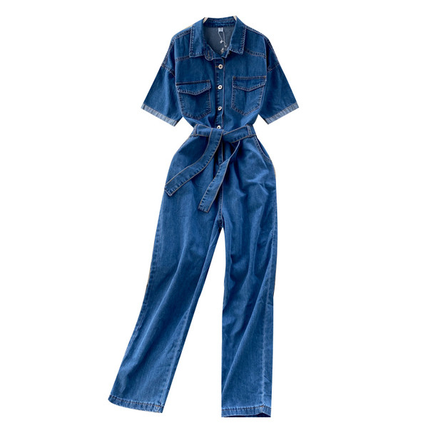 Дамски ежедневен дълъг гащеризон с къс ръкав и колан