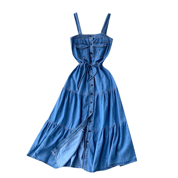 Дамска дънкова рокля с ластична талия и тънки презрамки