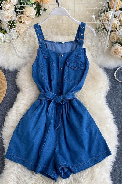 Дамски ежедневен гащериозон от деним с тънки презрамки 