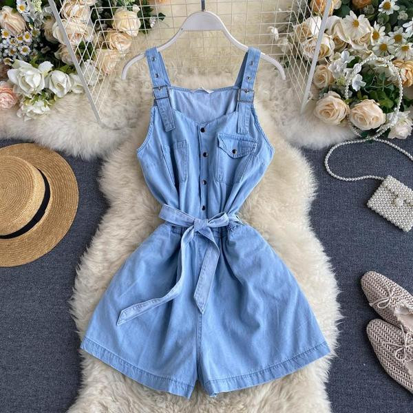 Дамски ежедневен гащериозон от деним с тънки презрамки 