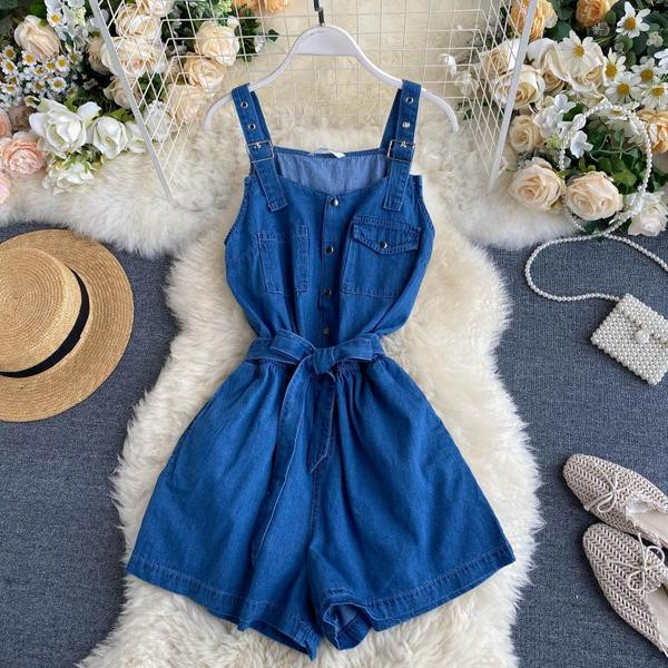 Дамски ежедневен гащериозон от деним с тънки презрамки 