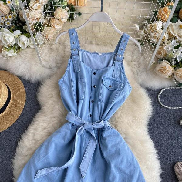 Дамски ежедневен гащериозон от деним с тънки презрамки 