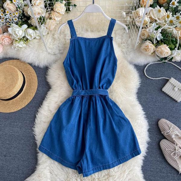 Дамски ежедневен гащериозон от деним с тънки презрамки 