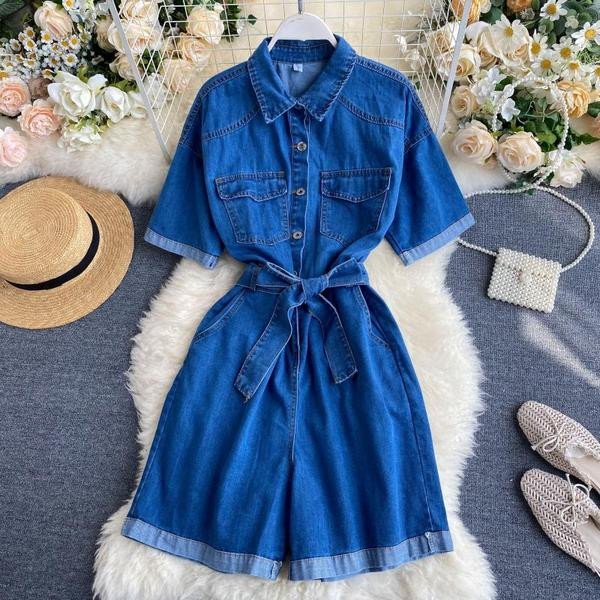 Ежедневен дамски дънков гащерион с къс ръкав в син цвят