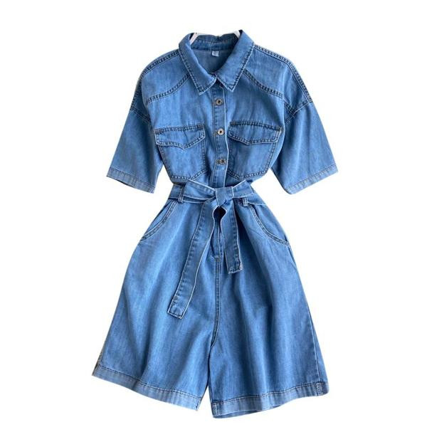 Ежедневен дамски дънков гащерион с къс ръкав в син цвят