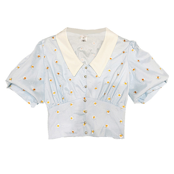 Модерна дамска къса риза с флорален десен и къс ръкав