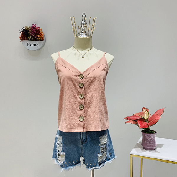 Ежедневен дамски потник с шпиц деколте и копчета на тънки презрамки