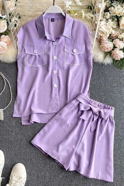 Ежедневен дамски комплект от две части с панделка и копчета