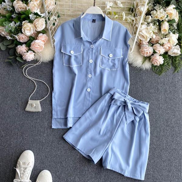 Ежедневен дамски комплект от две части с панделка и копчета