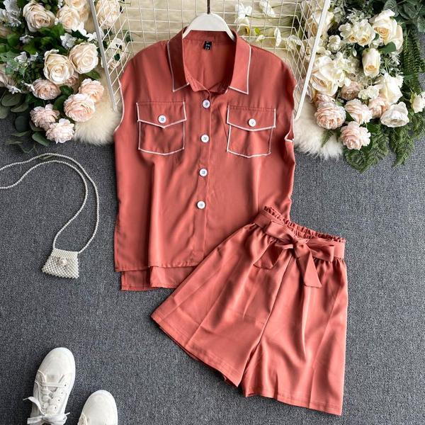 Ежедневен дамски комплект от две части с панделка и копчета