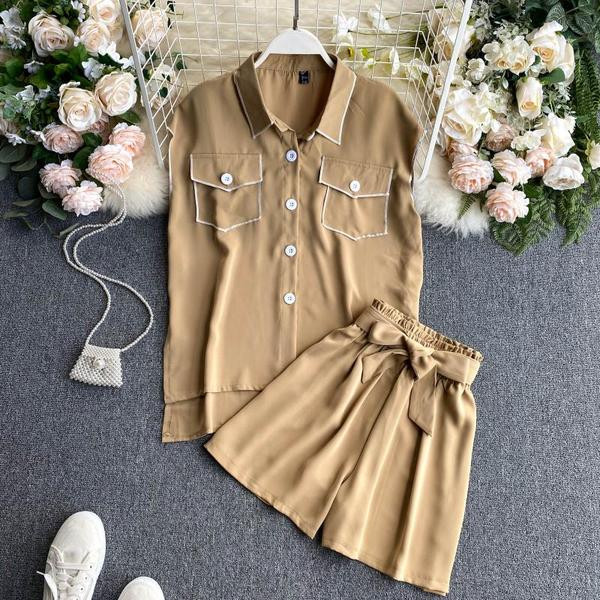 Ежедневен дамски комплект от две части с панделка и копчета