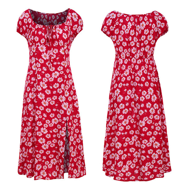 Ежедневна дамска дълга рокля с квадратно деколте и цепка 