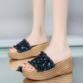 Дамски ежедневни чехли с пайети и равна платформа