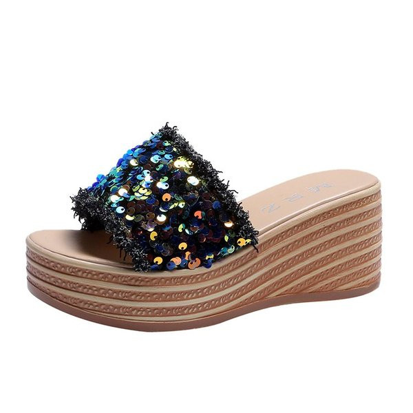 Дамски ежедневни чехли с пайети и равна платформа 