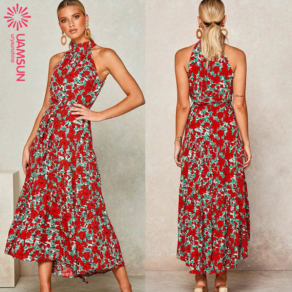 Ежедневна дамска дълга рокля с висока яка и голи рамене 