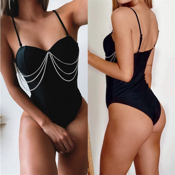 Стилен цял бански костюм с камъни в черен цвят