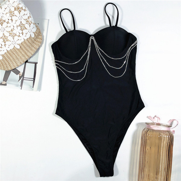 Стилен цял бански костюм с камъни в черен цвят