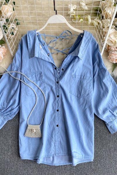 Ежедневна дамска дънкова риза с копчета и връзки на гърба