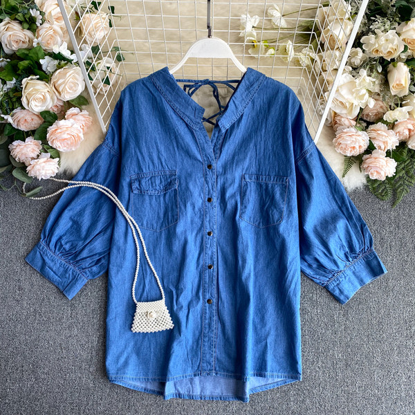 Ежедневна дамска дънкова риза с копчета и връзки на гърба