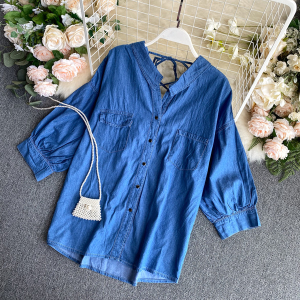 Ежедневна дамска дънкова риза с копчета и връзки на гърба