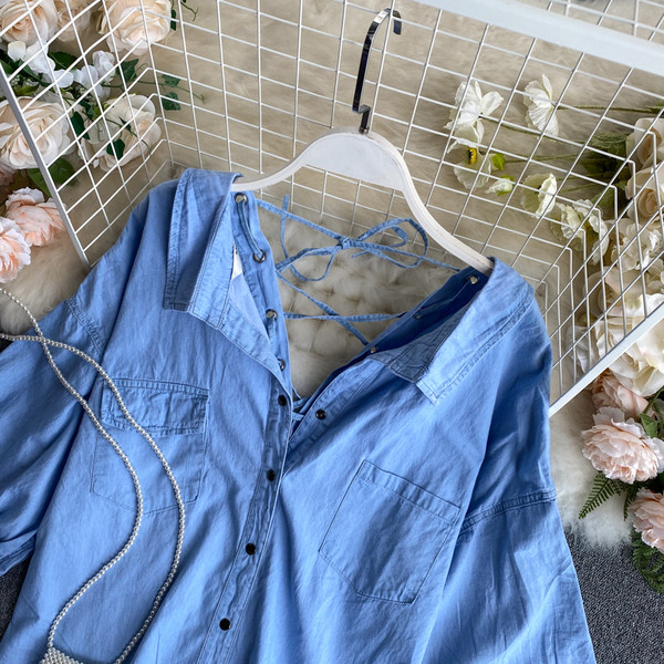 Ежедневна дамска дънкова риза с копчета и връзки на гърба