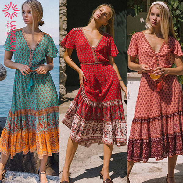 Ежедневна дамска дълга рокля с къс ръкав и шарка 