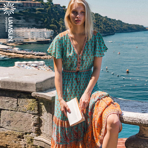 Ежедневна дамска дълга рокля с къс ръкав и шарка 