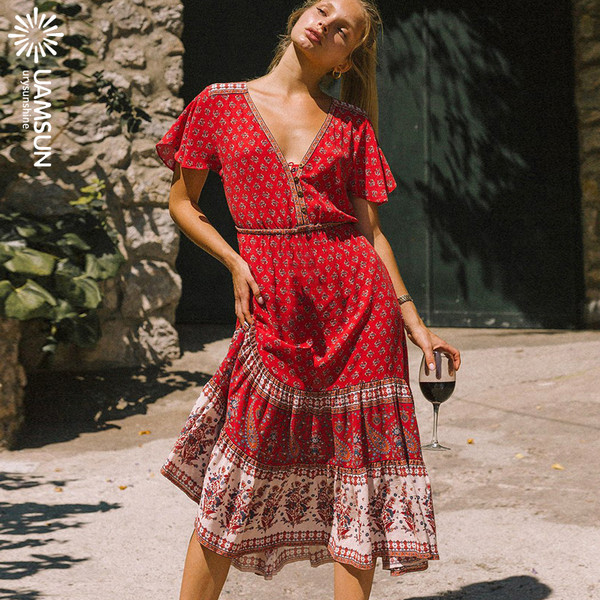 Ежедневна дамска дълга рокля с къс ръкав и шарка 