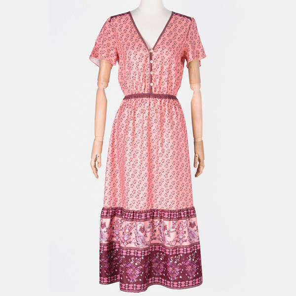 Ежедневна дамска дълга рокля с къс ръкав и шарка 