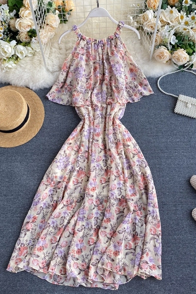 Дамска ежедневна дълга рокля с флорален десен и тънки презрамки