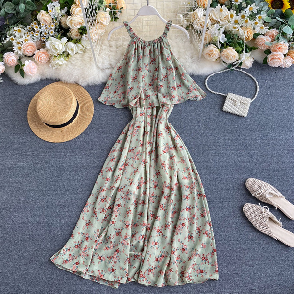 Дамска ежедневна дълга рокля с флорален десен и тънки презрамки