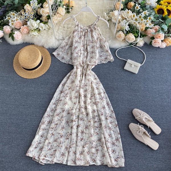 Дамска ежедневна дълга рокля с флорален десен и тънки презрамки