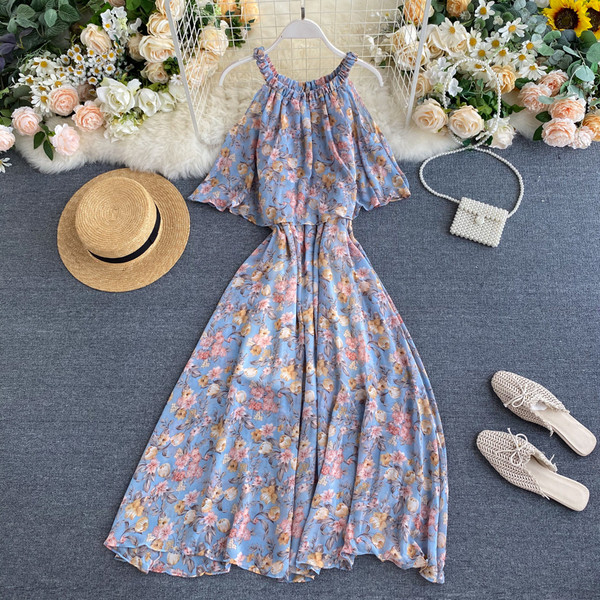 Дамска ежедневна дълга рокля с флорален десен и тънки презрамки