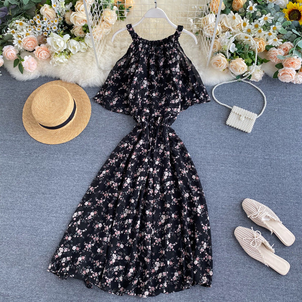 Дамска ежедневна дълга рокля с флорален десен и тънки презрамки