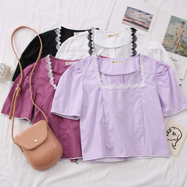 Дамска риза с бродерия,квадратно деколте и къс ръкав