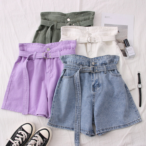 Къси дамски панталони с колан и висока талия - широк модел