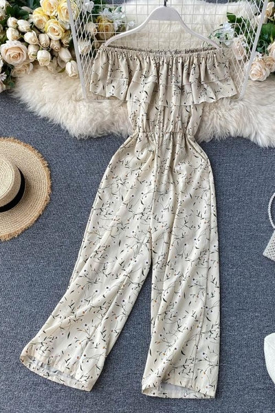 Ежедневен дамски гащеризон с флорален десен и голи рамене