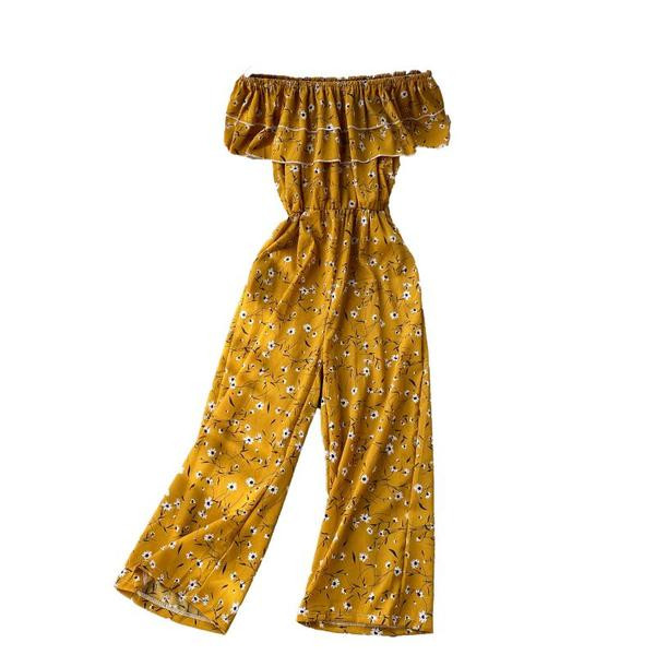 Ежедневен дамски гащеризон с флорален десен и голи рамене