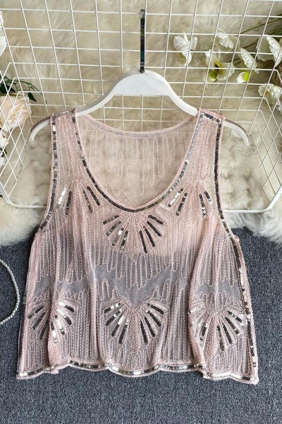 Дантелен дамски потник с пайети и обло деколте