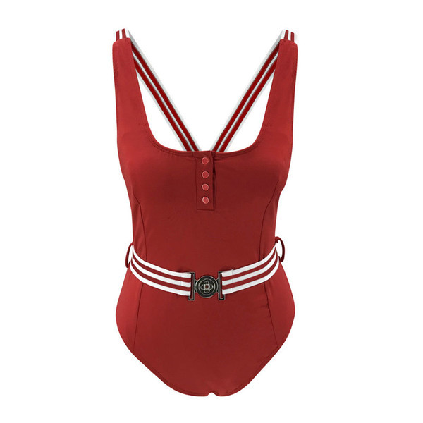 НОВ модел дамски бански цял костюм с колан и гол гръб 