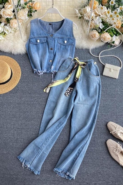 Модерен дамски дънков комплект с висока талия в син цвят