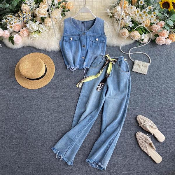 Модерен дамски дънков комплект с висока талия в син цвят