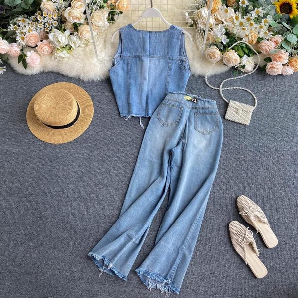 Модерен дамски дънков комплект с висока талия в син цвят