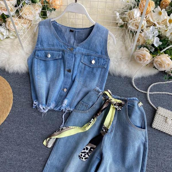 Модерен дамски дънков комплект с висока талия в син цвят