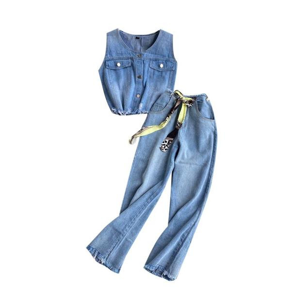 Модерен дамски дънков комплект с висока талия в син цвят