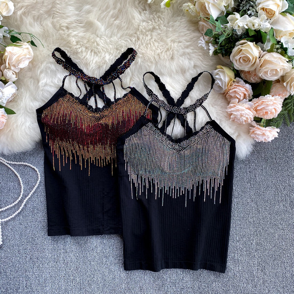 Модерен дамски потник с камъни в черен цвят