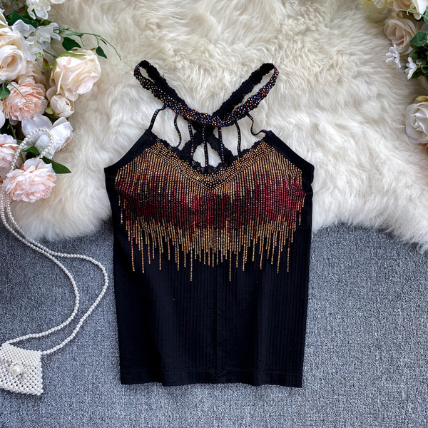 Модерен дамски потник с камъни в черен цвят