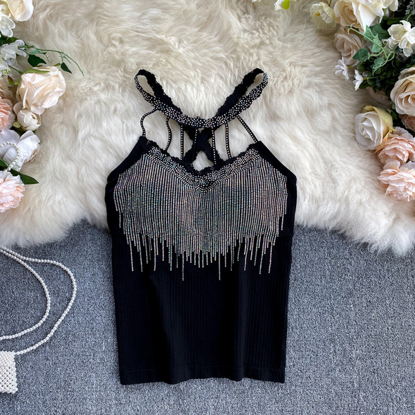 Модерен дамски потник с камъни в черен цвят