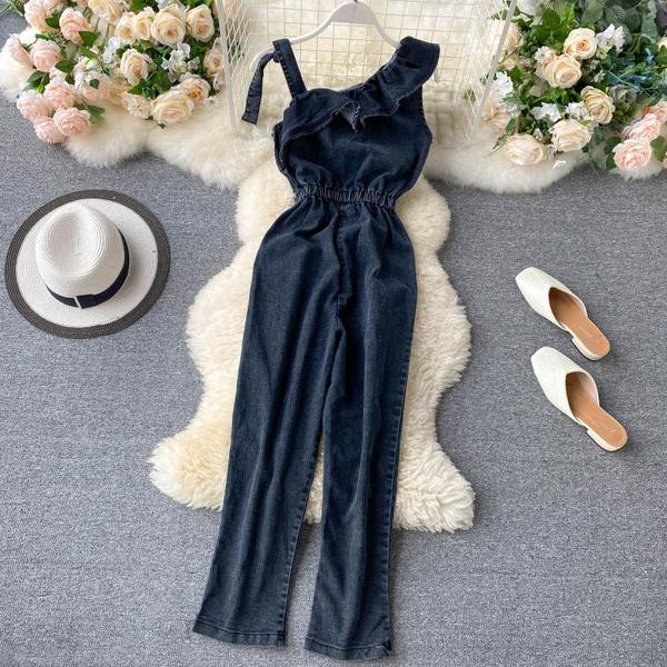 Модерен дамски гащеризон с ластична талия в черен цвят