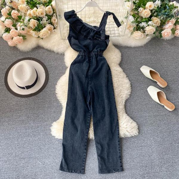 Модерен дамски гащеризон с ластична талия в черен цвят